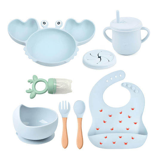 Ensemble de vaisselle en silicone pour bébé 9 pièces bleu ciel