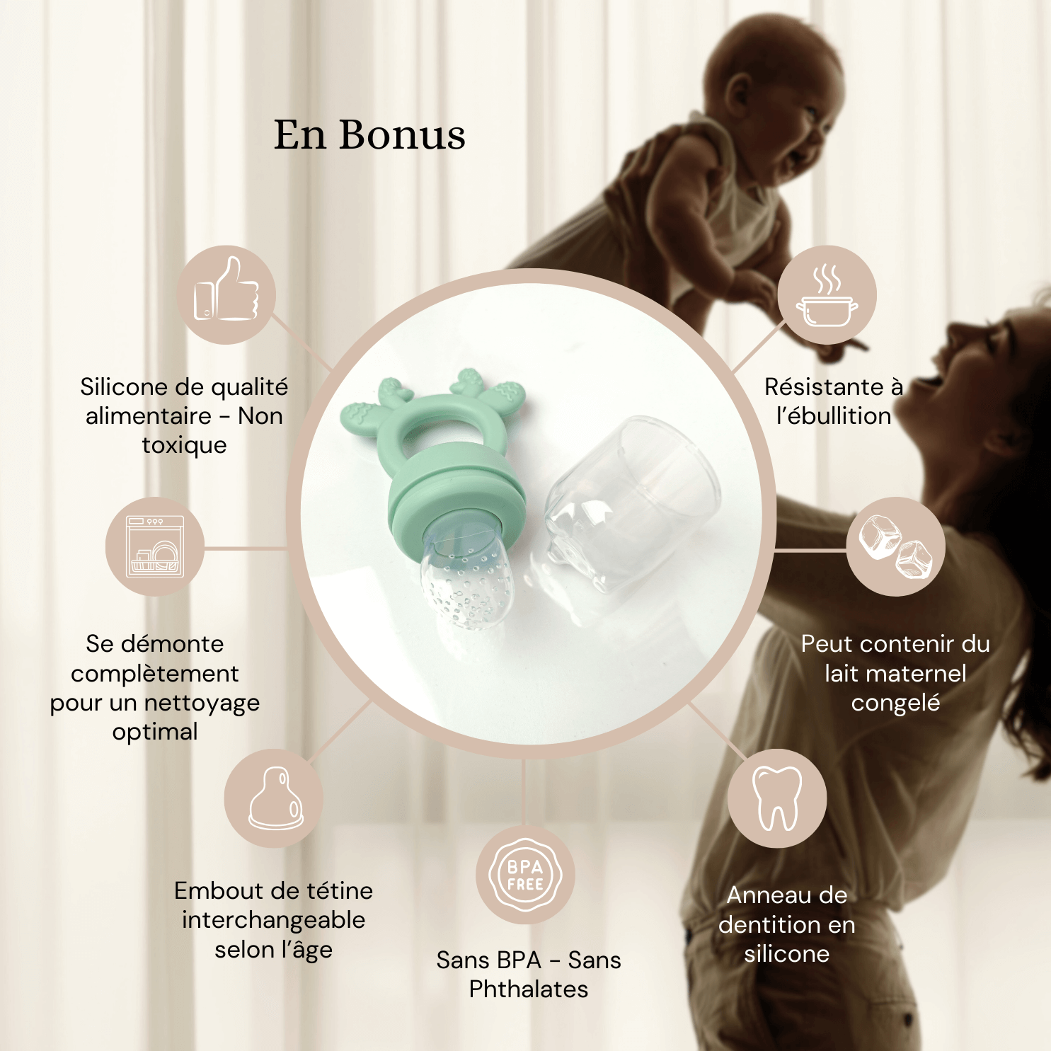 En bonus, une tétine d'alimentation verte pomme se trouve dans l'ensemble.