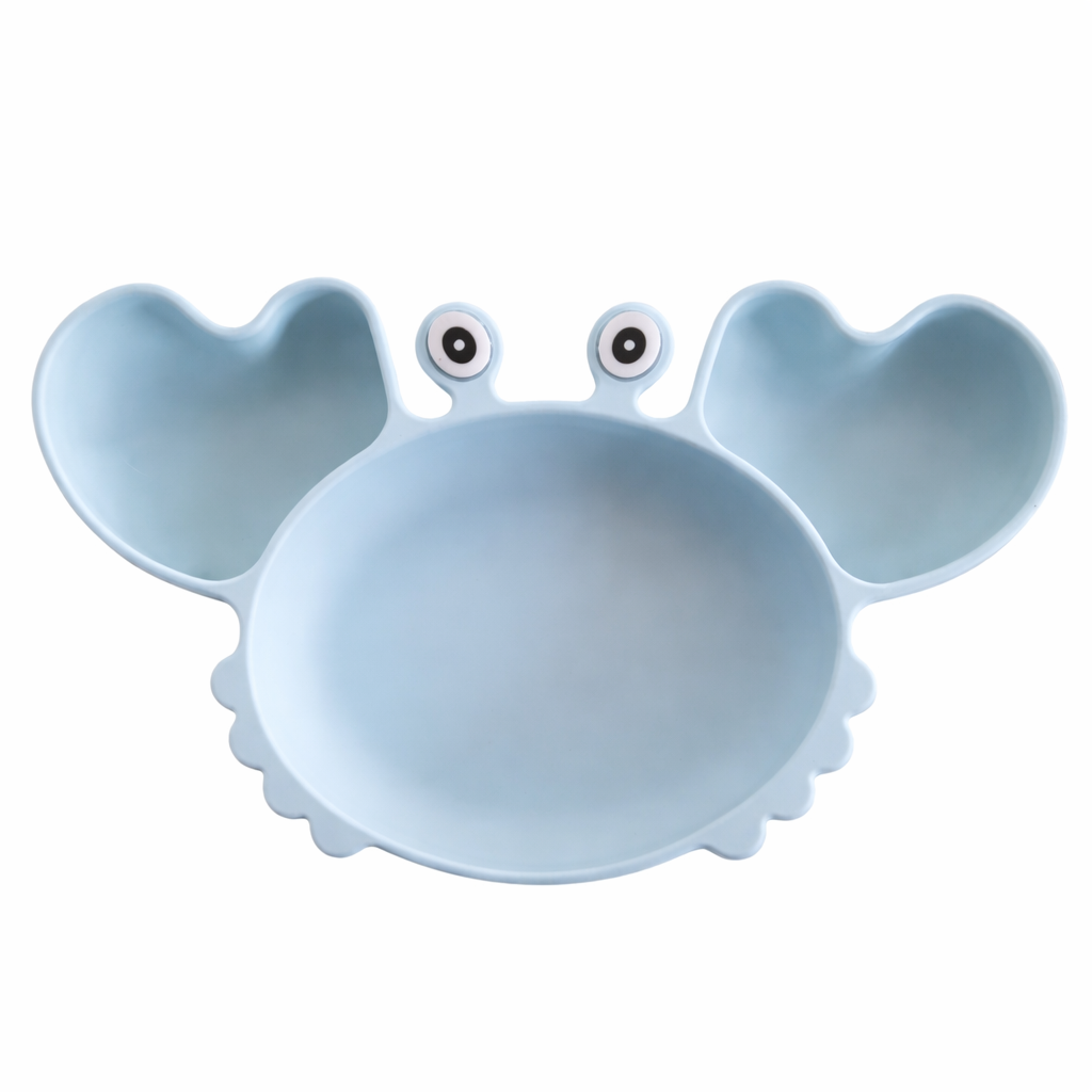 assiette en silicone à ventouse bleu ciel en forme de crabe