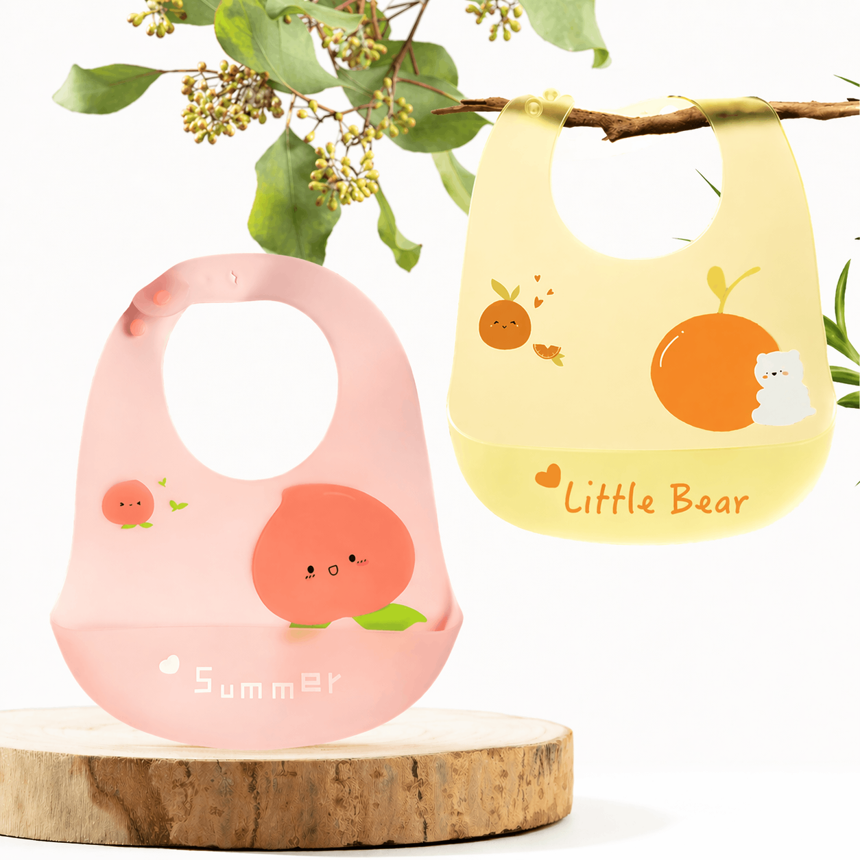 duo de bavoirs en silicone rose et jaune