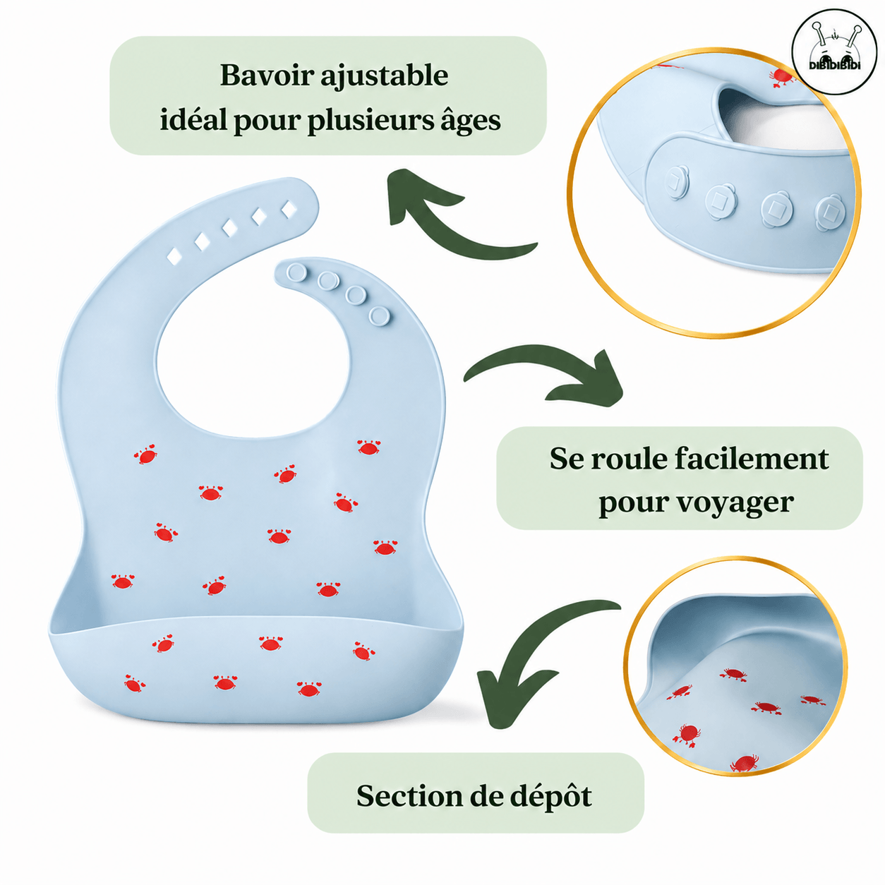 bavoir en silicone ajustable et se roule facilement pour voyager
