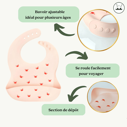 Le bavoir a une section de dépôt. Il se roule facilement pour le transport et il s'ajuste en fonction de l'âge de l'enfant.